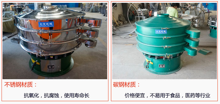 800型振動篩有不銹鋼和碳鋼兩種材質，不銹鋼材質：抗氧化，抗腐蝕，使用壽命長 碳鋼材質：價格便宜，不易篩分食品，化工，醫藥等行業的物料。