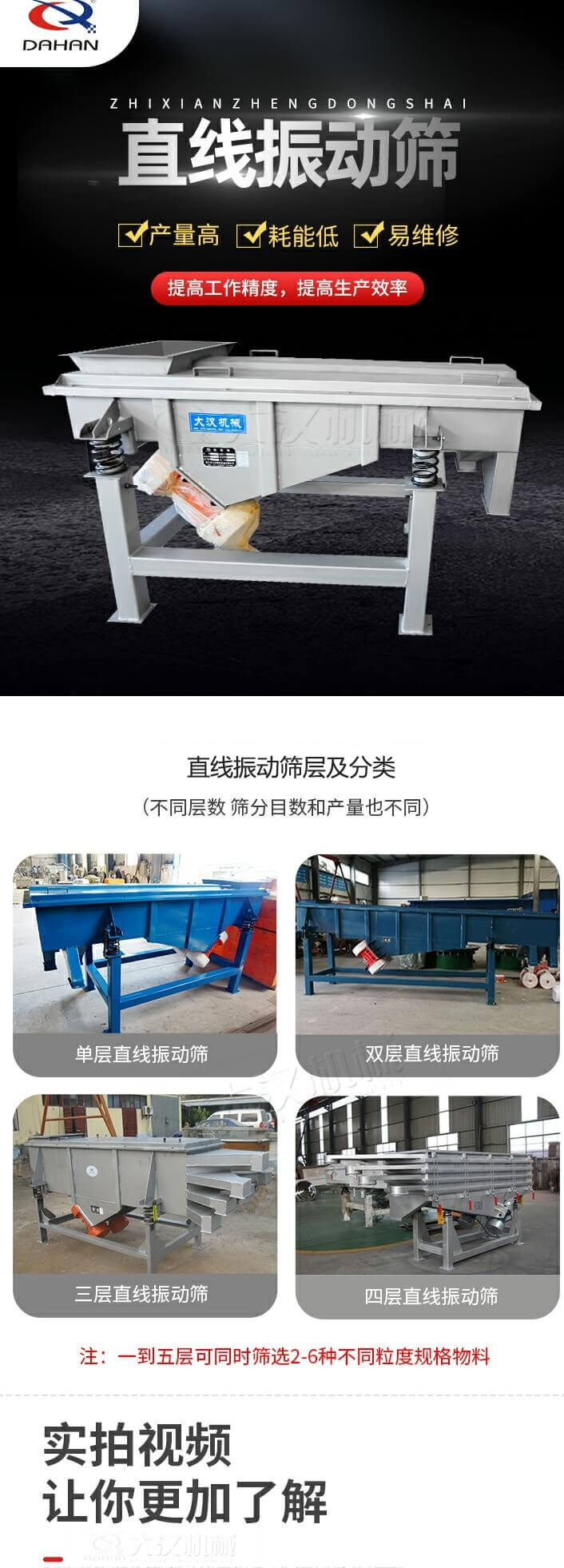 直線振動篩概述，產(chǎn)量高，耗能低，易維修，提高工作精度，提高生產(chǎn)效率，直線振動篩層級分類：不同層數(shù)，篩分目數(shù)和產(chǎn)量也不同：單層，雙層，三層，四層等。