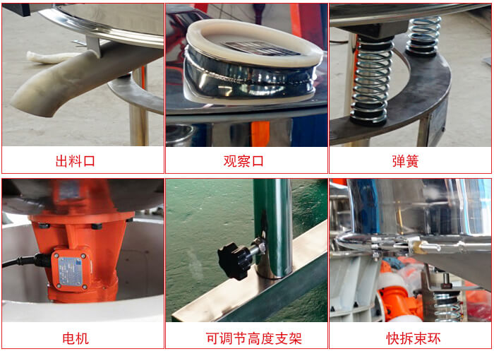 高頻篩細節(jié)展示：出料口，觀察口，彈簧，電機，可調節(jié)高度支架，快拆束環(huán)。